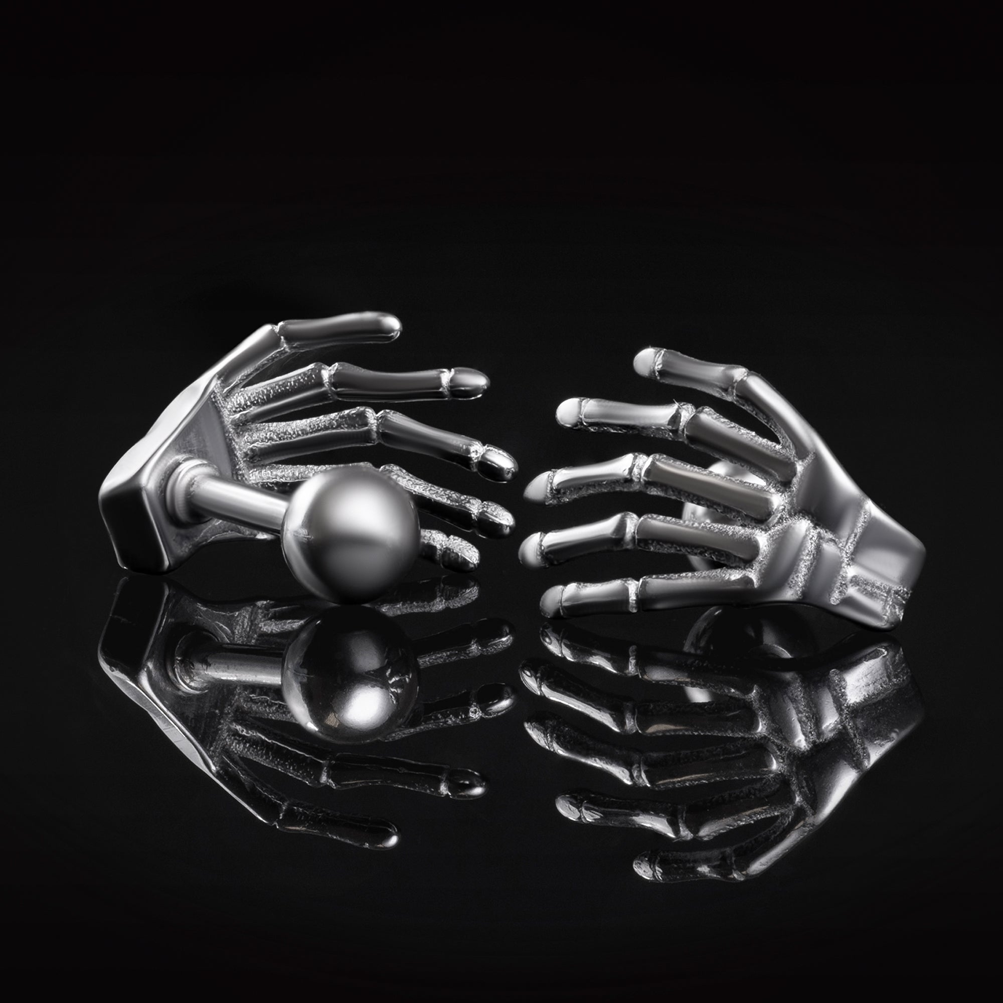 Stud Earrings, Silver, Skeleton Hands, 316L Stainless Steel - Pair
