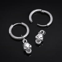 Boucles d’oreilles créoles Huggie, argent, pendentif tête de mort, acier inoxydable - paire