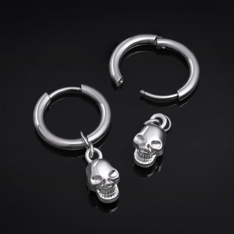 Boucles d’oreilles créoles Huggie, argent, pendentif tête de mort, acier inoxydable - paire