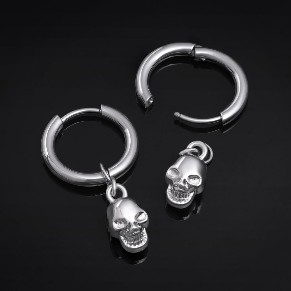 Stainless Steel Silver Huggie Hoop Earrings With Skull Dangle (Pair) - 316L Stainless Steel Hoop Earrings / Silver Huggie Hoops / Alternative Piercings / Skull Jewellery