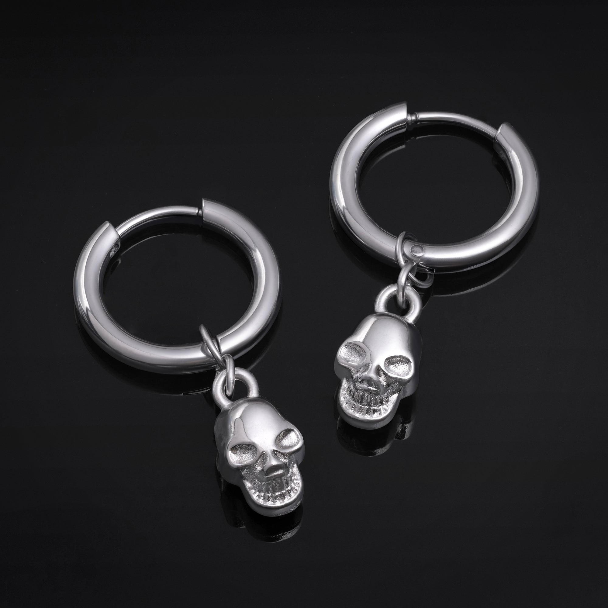 Huggie Hoop Earrings, Silver, Skull Dangle, Stainless Steel - Pair