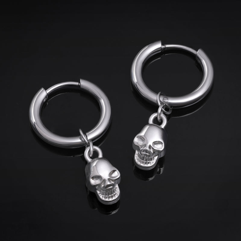 Boucles d’oreilles créoles Huggie, argent, pendentif tête de mort, acier inoxydable - paire