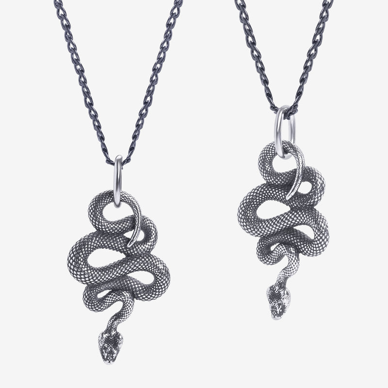 Deux pendentifs en forme de serpent sur des chaînes, sur fond blanc