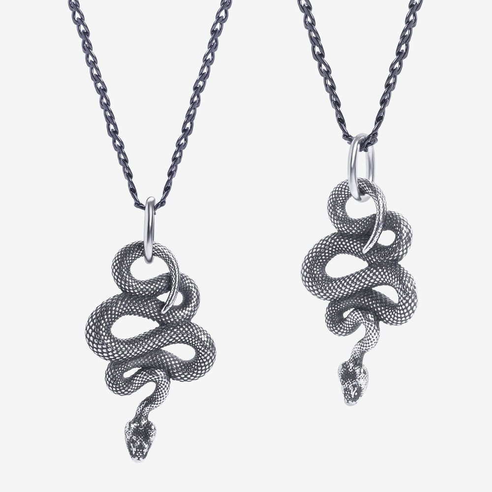Two snake-shaped pendants on chains against a white background