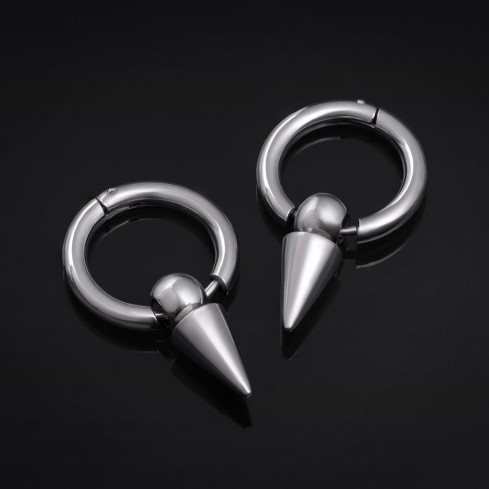 Huggie Hoop Earrings, Silver, Spike Dangle, Stainless Steel - Pair