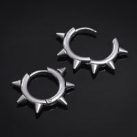 Huggie Hoop Earrings, Silver, Spiked Edge, Stainless Steel - Pair