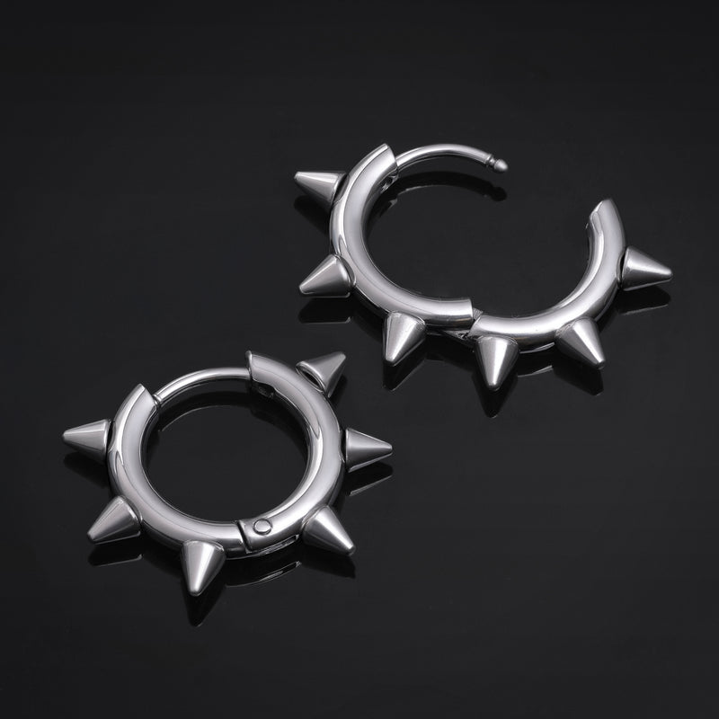Huggie Hoop Earrings, Silver, Spiked Edge, Stainless Steel - Pair