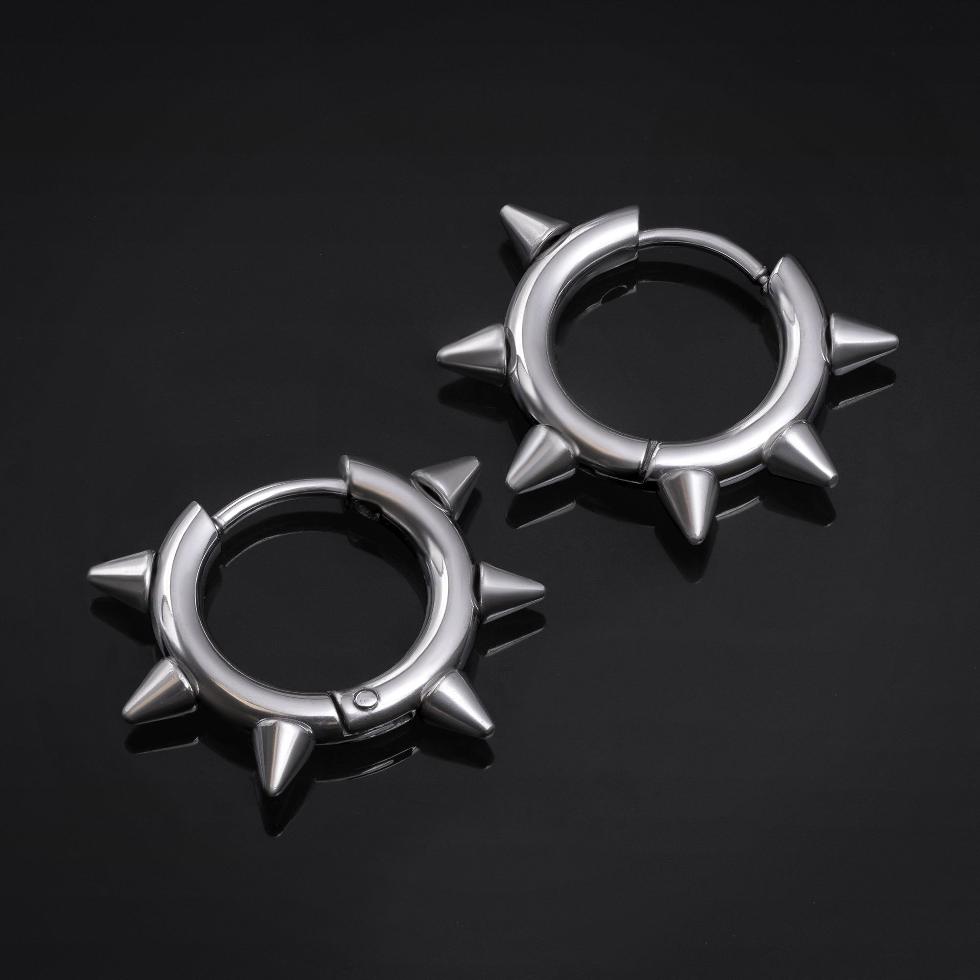 Huggie Hoop Earrings, Silver, Spiked Edge, Stainless Steel - Pair