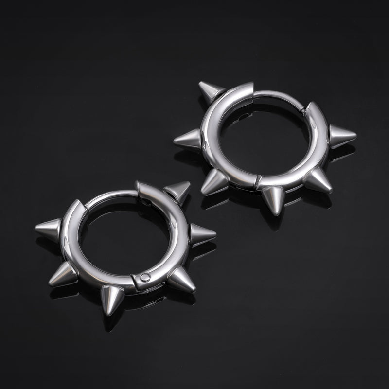 Huggie Hoop Earrings, Silver, Spiked Edge, Stainless Steel - Pair