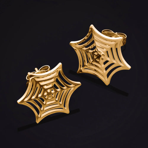 Stud Earrings, Gold, Spider Web Design, Titanium - Pair