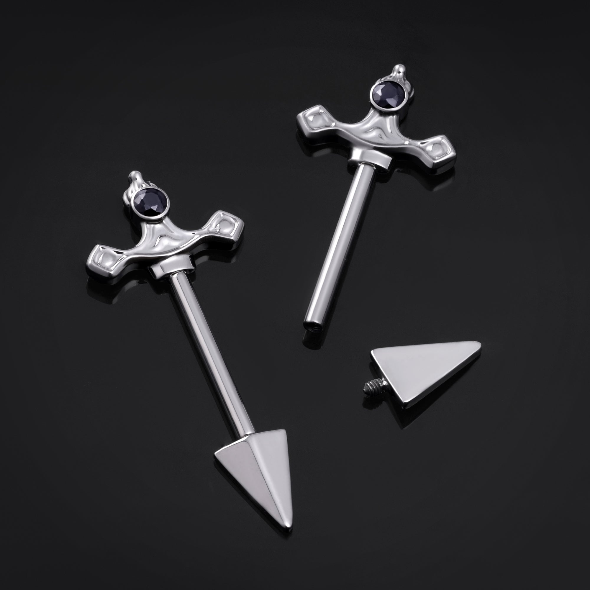 Nipple Barbell, Silver, Sword Design, Internal Thread, Titanium