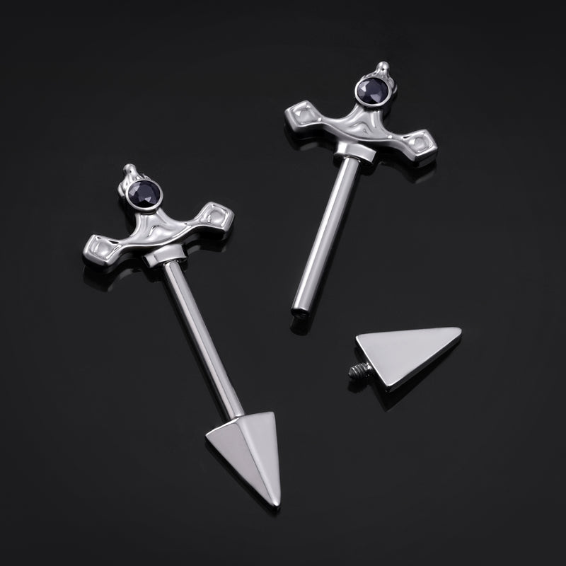 Barre de téton, argent, design épée, filetage interne, titane