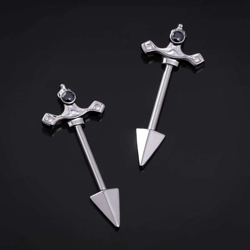 Barre de téton, argent, design épée, filetage interne, titane