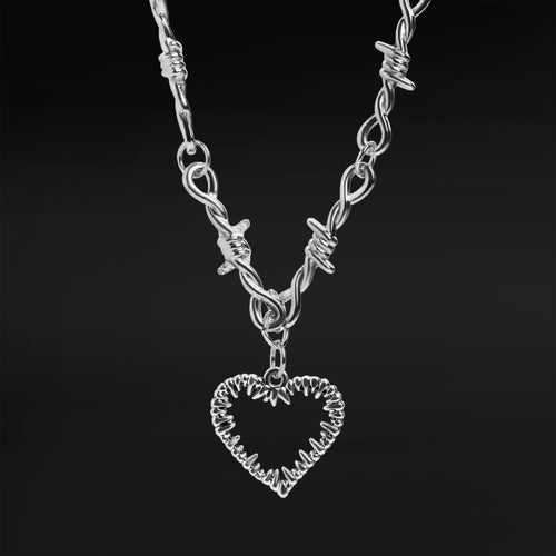 Silver Barbed Wire Necklace with Spiked Heart Dangle