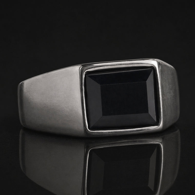 Bague onyx noir argentée