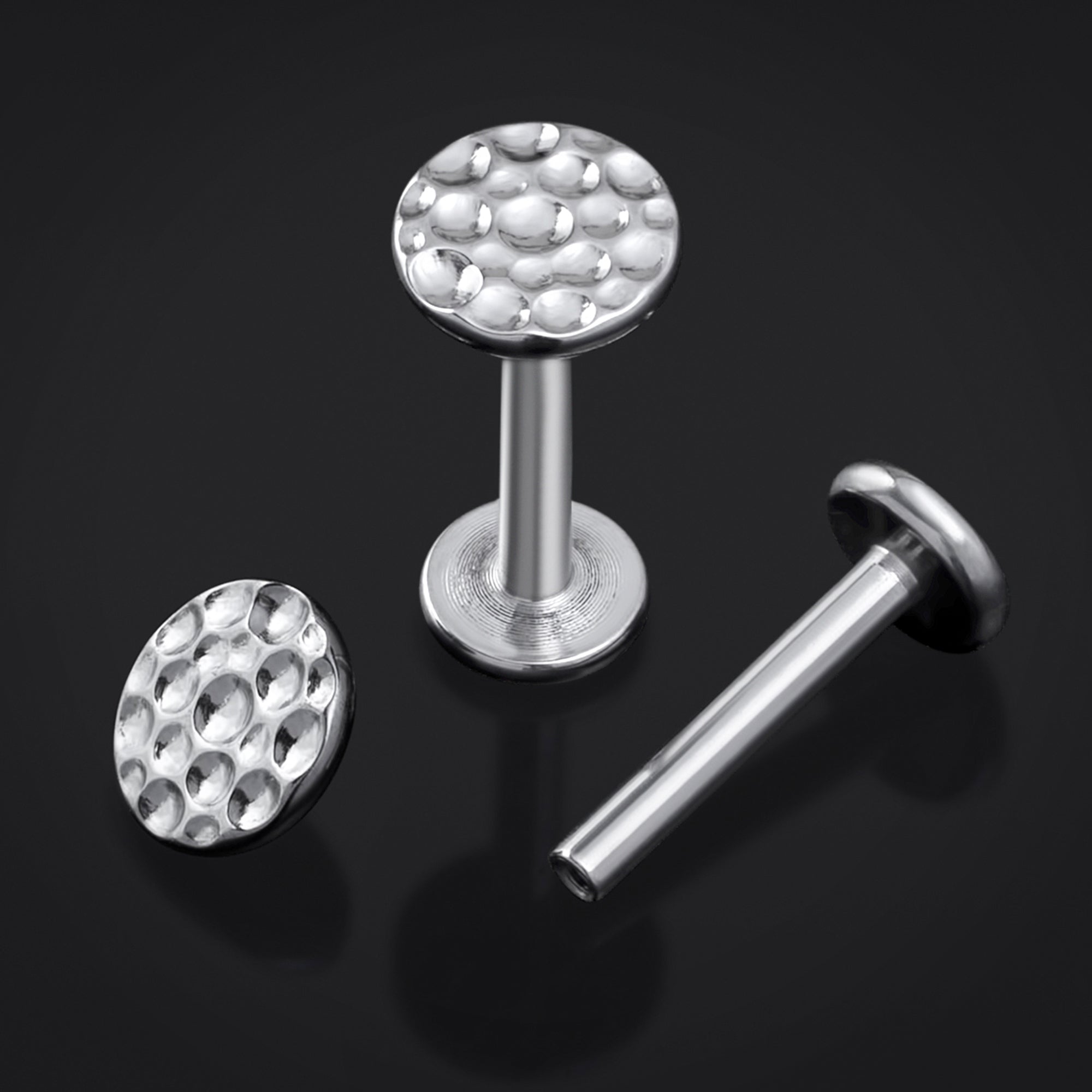 Silver Hammered Disk Internal Thread Titanium Labret Stud 1.2mm Gauge