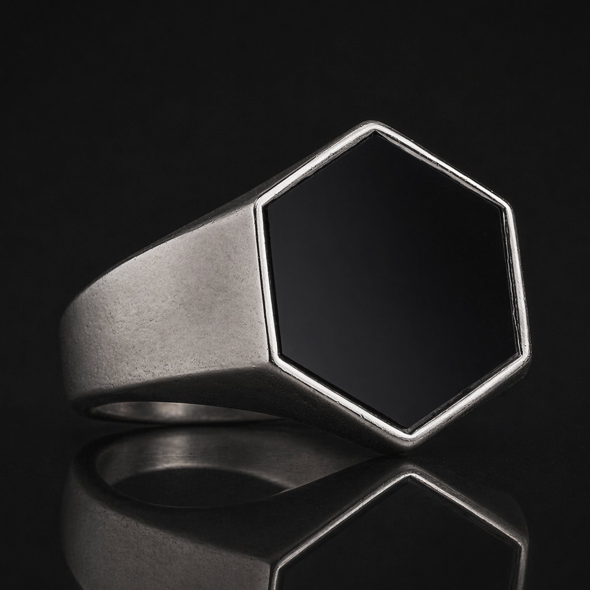 Silver Hexagon Black Onyx Ring