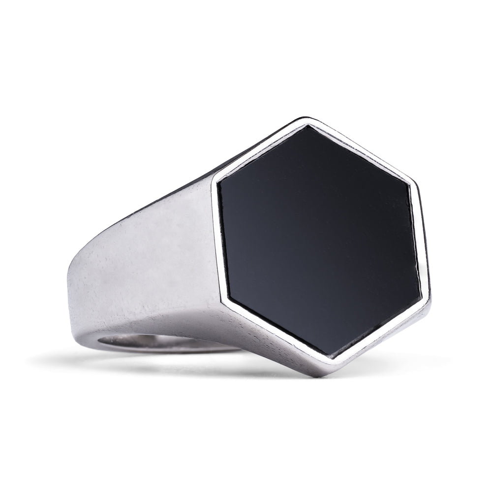 Silver Hexagon Black Onyx Ring - Silver Signet Mens Ring