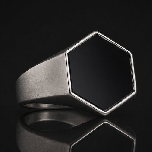 Silver Hexagon Black Onyx Ring