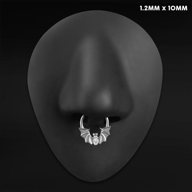 Anneau clicker de septum, argenté, chauve-souris sertie de pierres, titane ASTM F136, 1.2mm