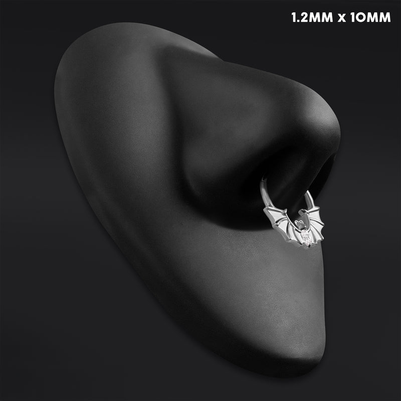 Anneau clicker de septum, argenté, chauve-souris sertie de pierres, titane ASTM F136, 1.2mm