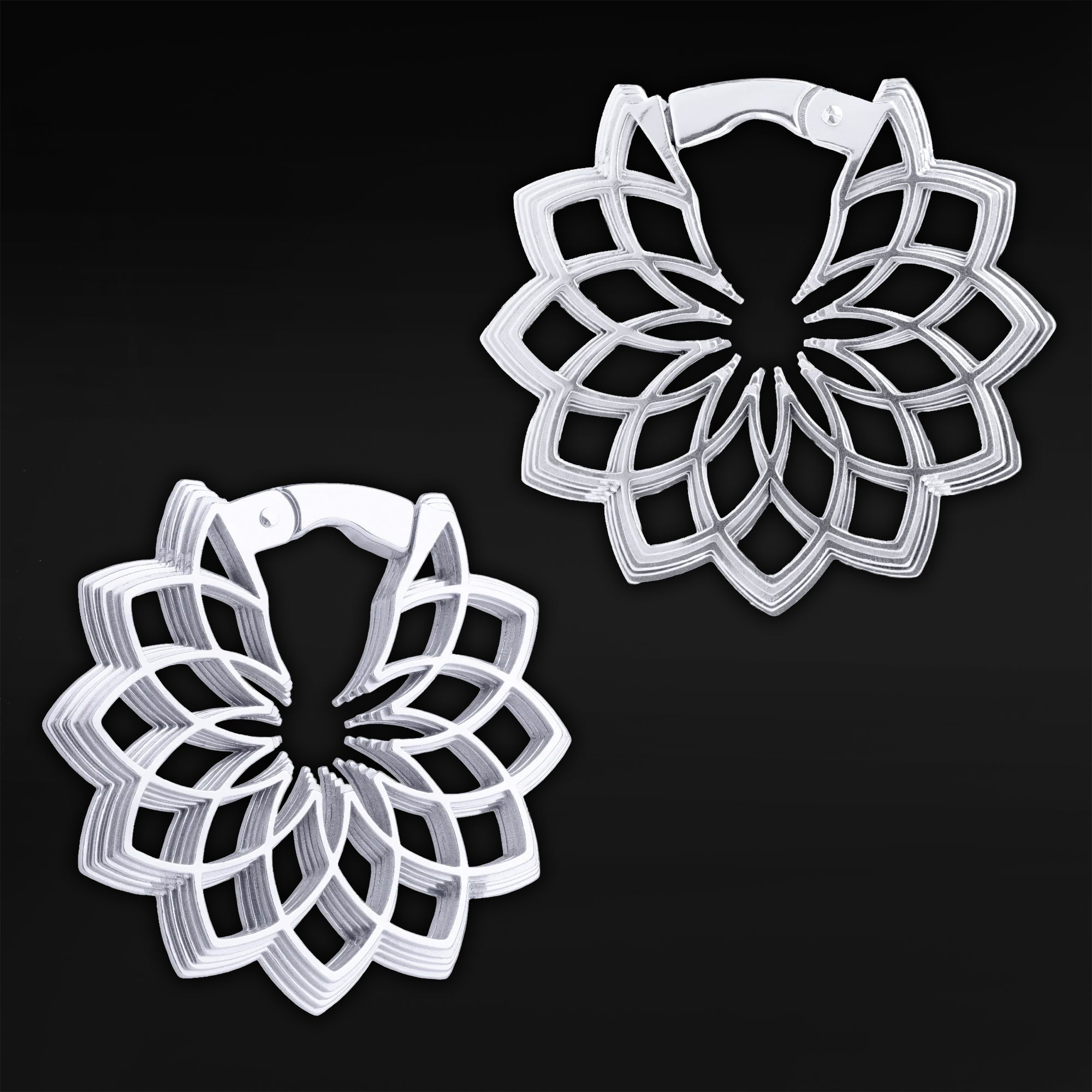 Silver Steel Mandala Flower Ear Weights - Pair