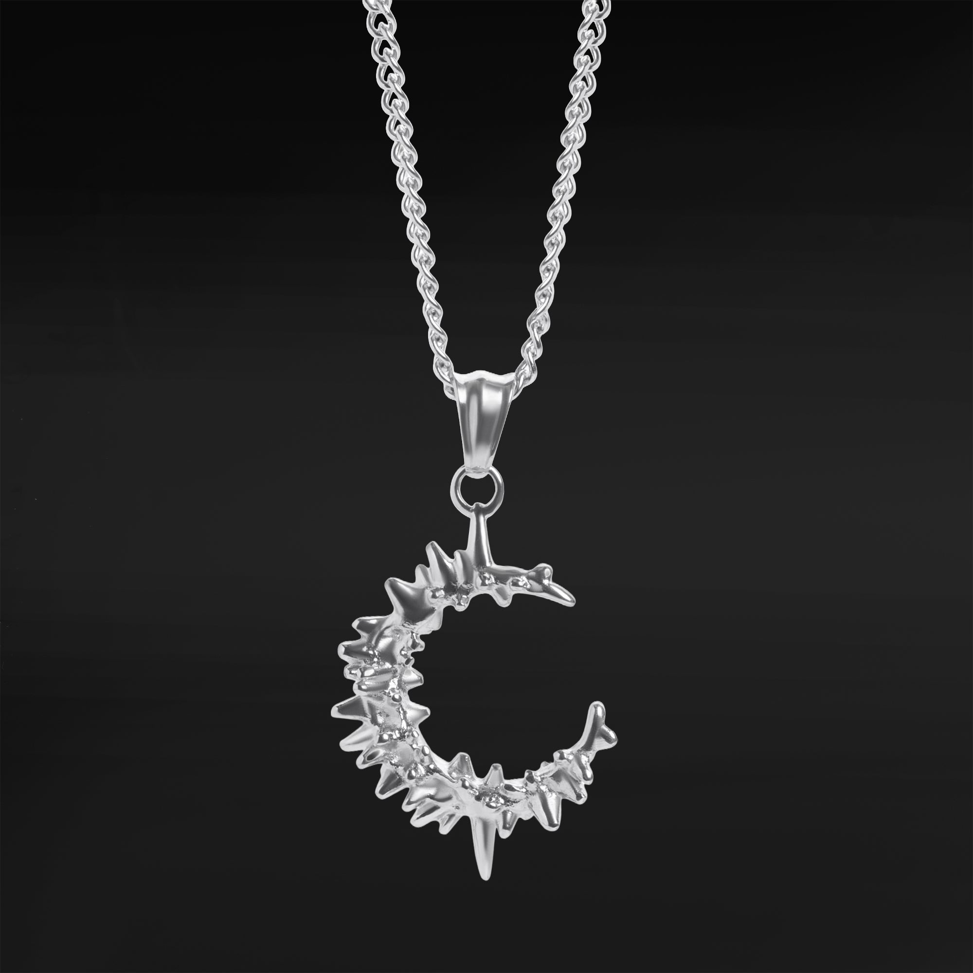 Silver Spiked Crescent Moon Pendant Necklace