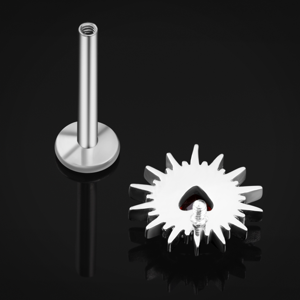 Silver Spiked Heart Red Jewelled Internally Threaded Titanium Labret Stud 1.2mm Gauge - Silver Spiked Heart Red Jewelled Labret Stud- 6mm / 8mm / 10mm Internally Threaded / Alternative Jewellery / Lip / Nose / Ear  