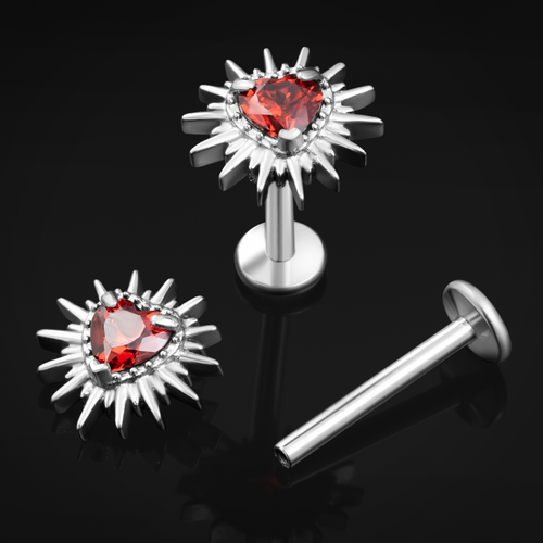 Silver Spiked Heart Red Jewelled Internally Threaded Titanium Labret Stud 1.2mm Gauge