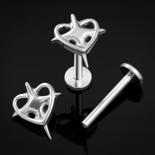 Silver Star Pierced Heart Internally Threaded Titanium Labret Stud 1.2mm Gauge