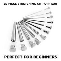 Beginner Ear Stretching Kit, Surgical Steel Taper & Silver Steel Plug / Gauge - 22 Piece