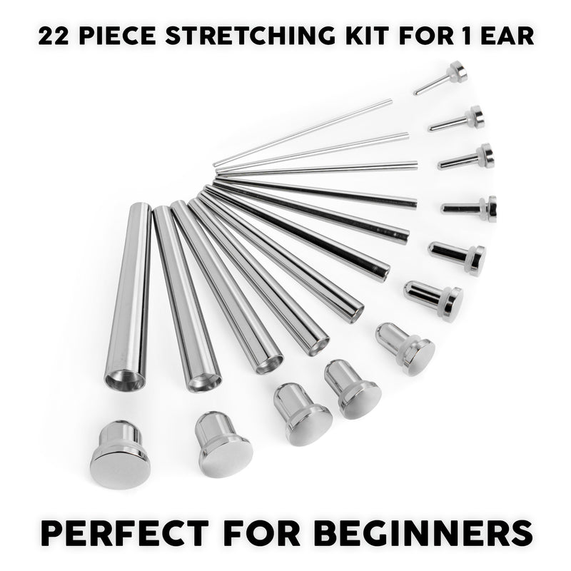 Beginner Ear Stretching Kit, Surgical Steel Taper & Silver Steel Plug / Gauge - 22 Piece