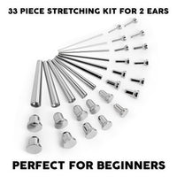 Beginner Ear Stretching Kit, Surgical Steel Taper & Silver Steel Plug / Gauge- 33 Piece
