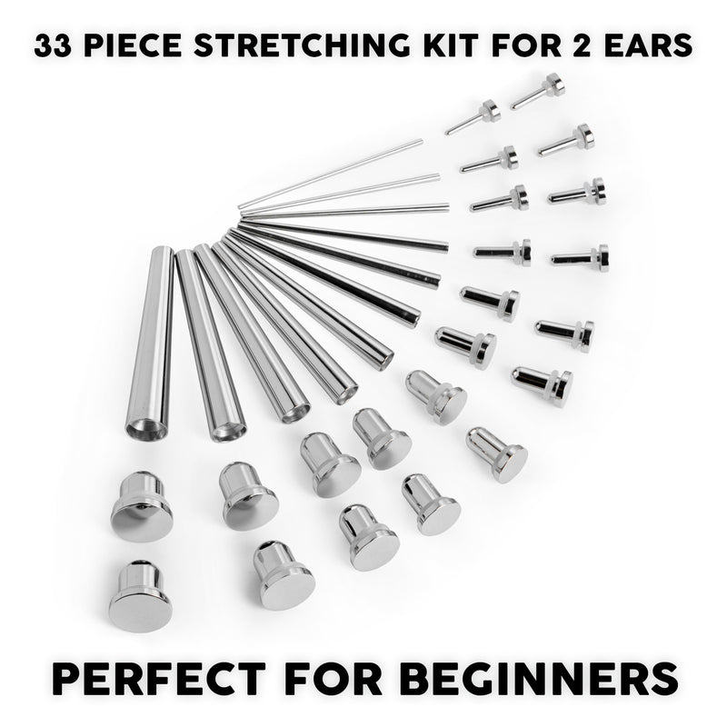 Beginner Ear Stretching Kit, Surgical Steel Taper & Silver Steel Plug / Gauge- 33 Piece