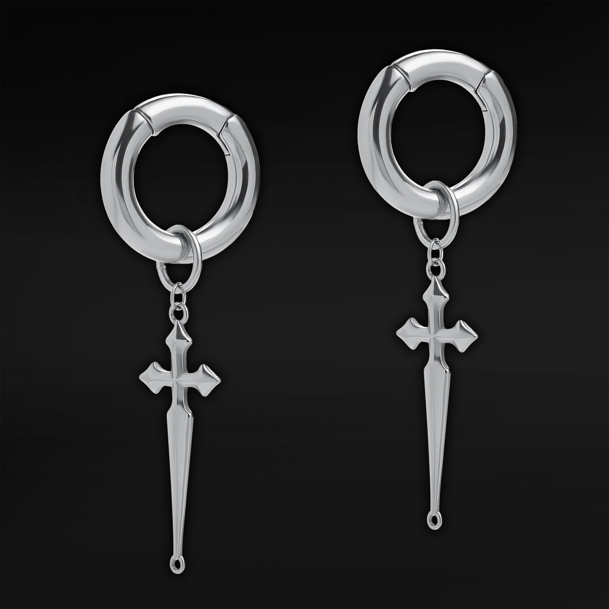 Silver Steel Cross Dangle Hoop Ear Hangers - Pair