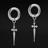Silver Steel Cross Dangle Hoop Ear Hangers - Pair