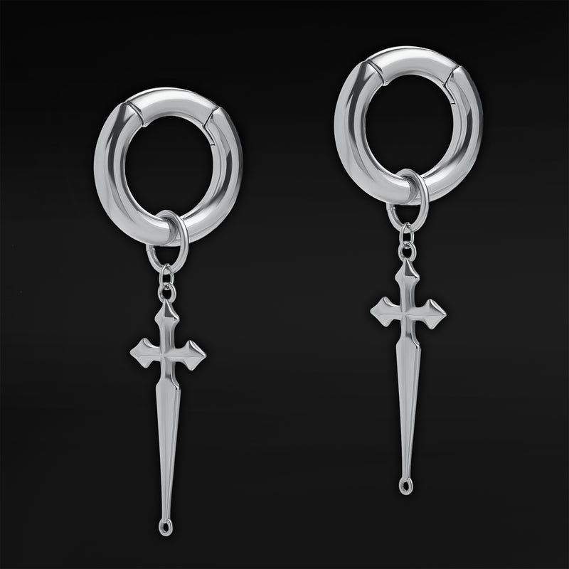 Silver Steel Cross Dangle Hoop Ear Hangers - Pair