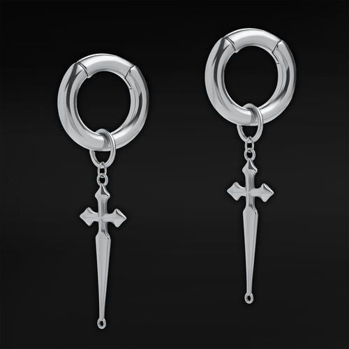 Silver Steel Cross Dangle Hoop Earring Hangers (Pair)