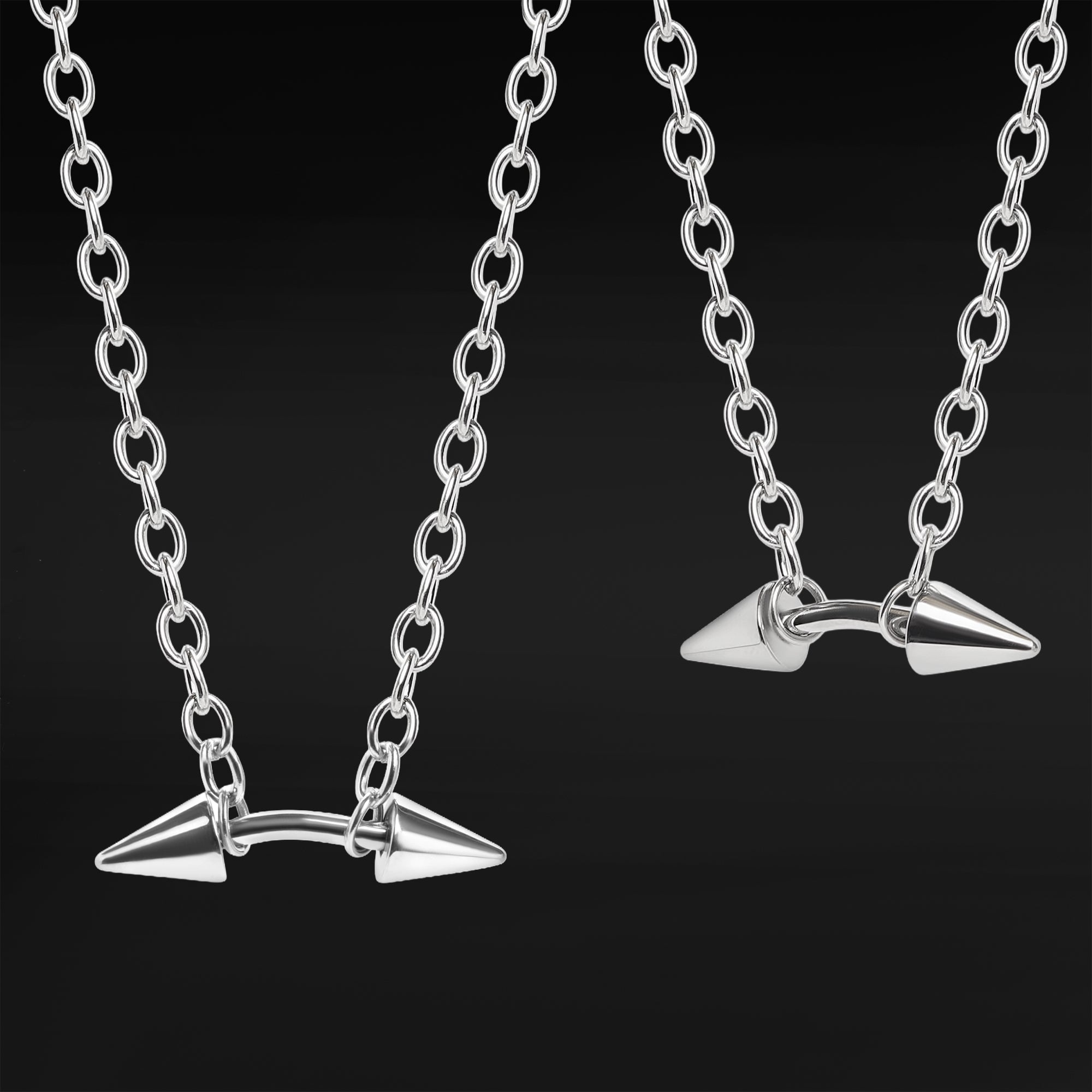 Silver Steel Large Spiked Curved Barbell Chain Choker Necklace