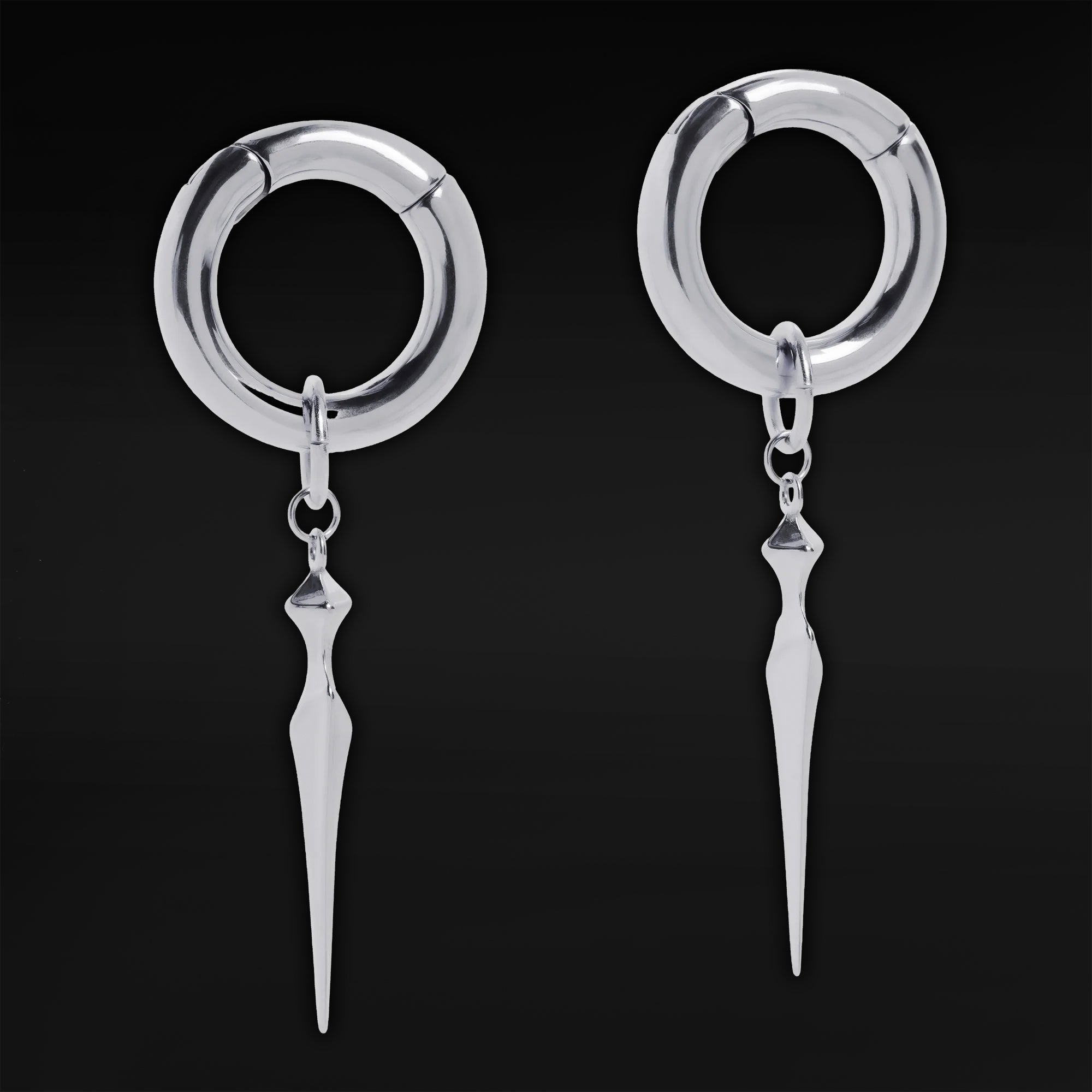 Silver Steel Obelisk Dangle Hoop Ear Hangers - Pair
