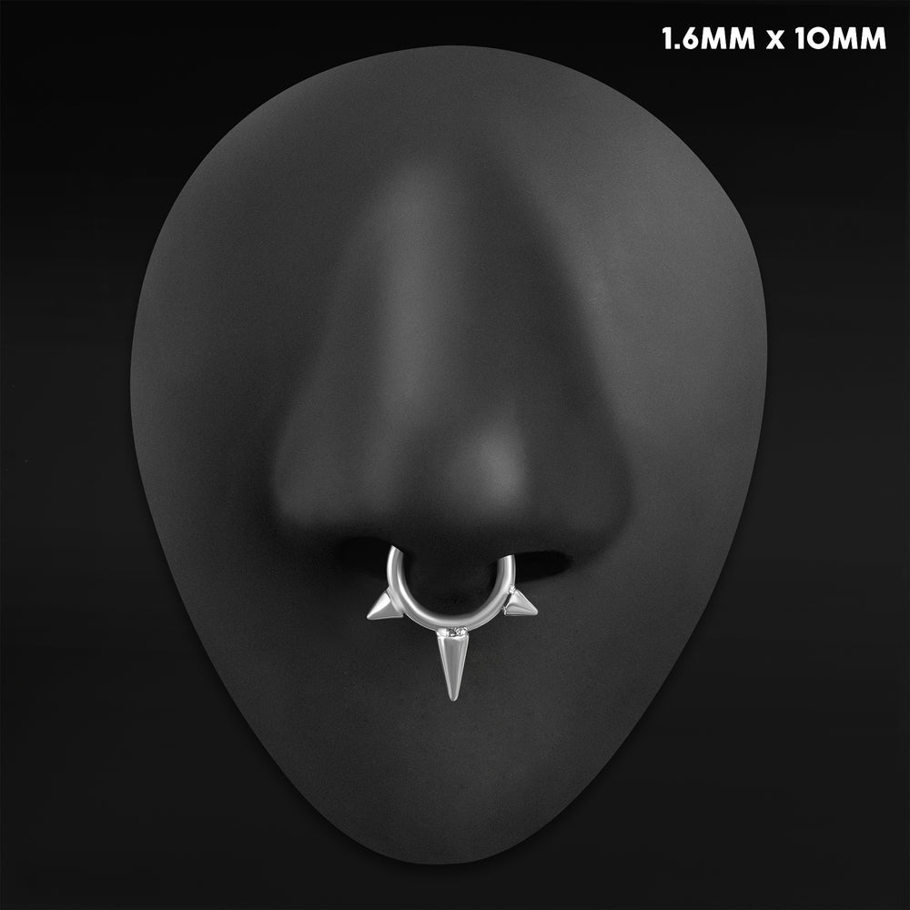 Silver Triple Spiked ASTM F136 Titanium Segment Clicker Septum Nose Ring - ASTM F136 Triple Spiked Titanium Hinged Segment Ring for Nose / Septum / 1.2mm 