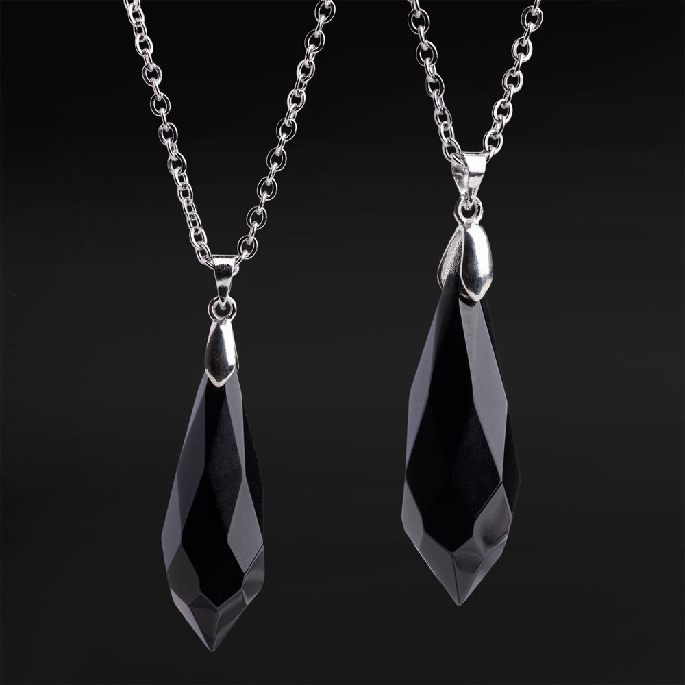 Silver & Black Obsidian Wand Necklace - Glass & Silver Steel Chain Pendant Necklace