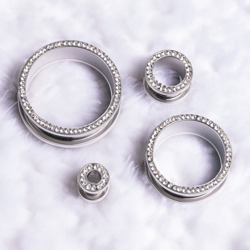 Silver Clear Diamond Screwback Stainless Steel Ear Tunnel