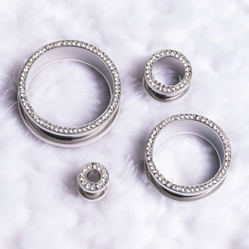 Silver Clear Diamond Screwback Stainless Steel Tunnel