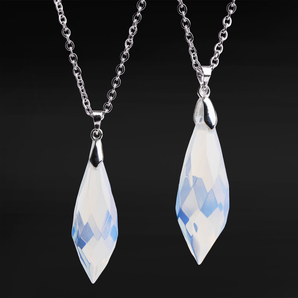 Silver & Opalite Wand Necklace - Glass & Silver Steel Chain Pendant Necklace