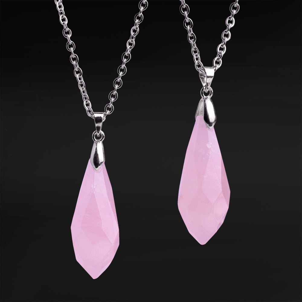 Silver & Rose Quartz Wand Necklace - Stone & Silver Steel Chain Pendant Necklace