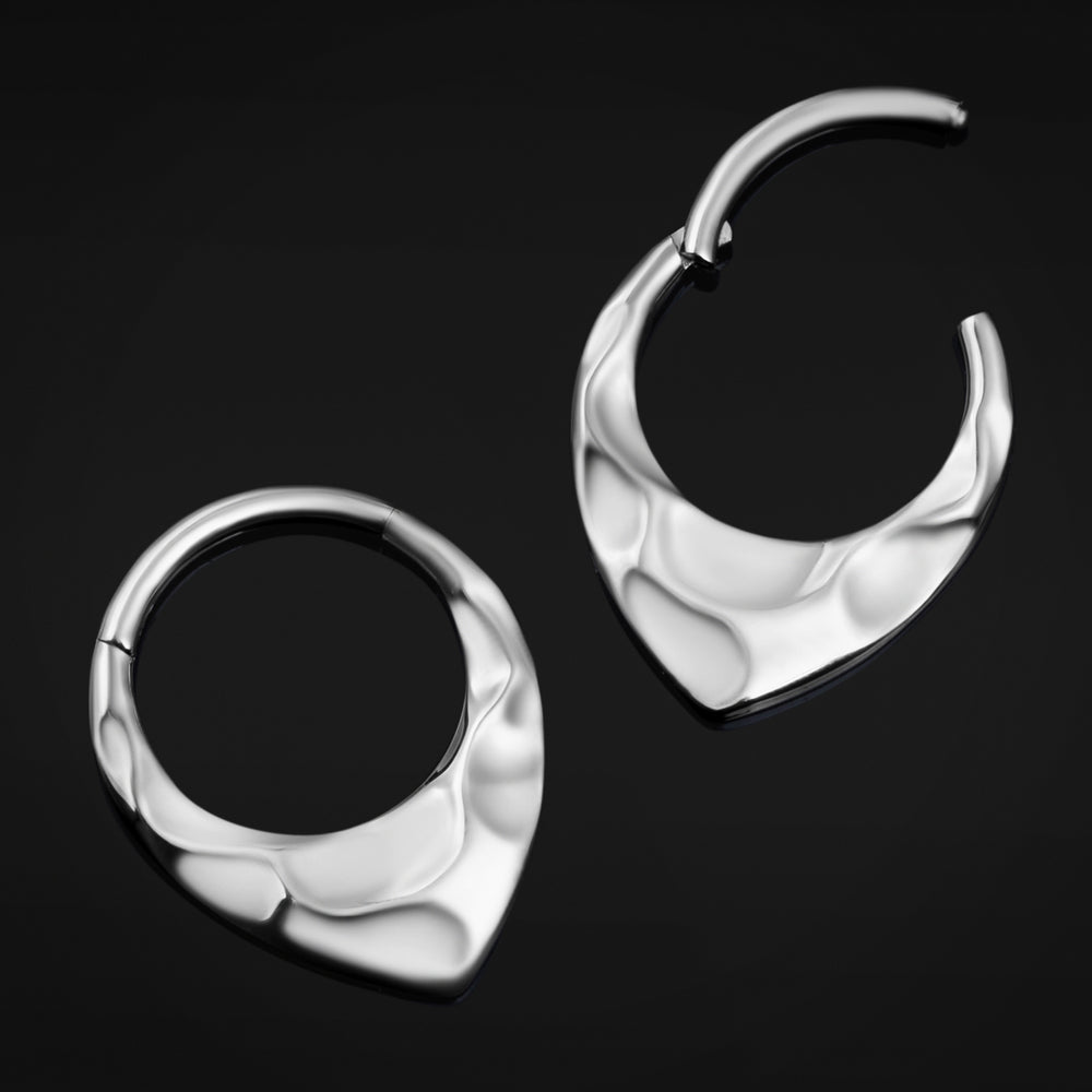 Silver, Septum, Hammered Teardrop, ASTM F136 Titanium, Segment Clicker, 1.2mm - ASTM F136 Titanium Hinged Silver Hammered Dome Segment Ring for Nose / Septum 1.2mm 