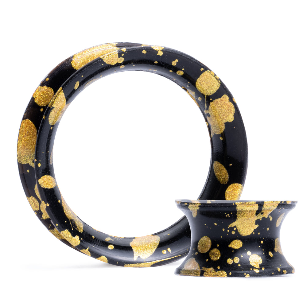 Splatter Black & Gold Eyelet Silicone Ear Tunnel - Double Flare Splatter Silicone Ear Plugs / Gauges in 00g, 0g, 2g, 4g and more.