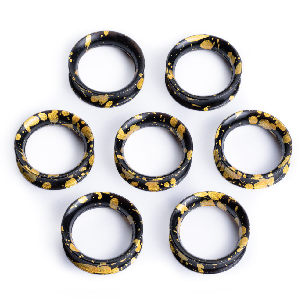 Splatter Black & Gold Eyelet Silicone Ear Tunnel - Double Flare Splatter Silicone Ear Plugs / Gauges in 00g, 0g, 2g, 4g and more.