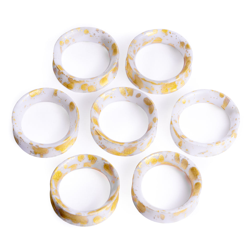 Splatter White & Gold Eyelet Silicone Ear Tunnel - Double Flare Splatter Silicone Ear Plugs / Gauges in 00g, 0g, 2g, 4g and more.
